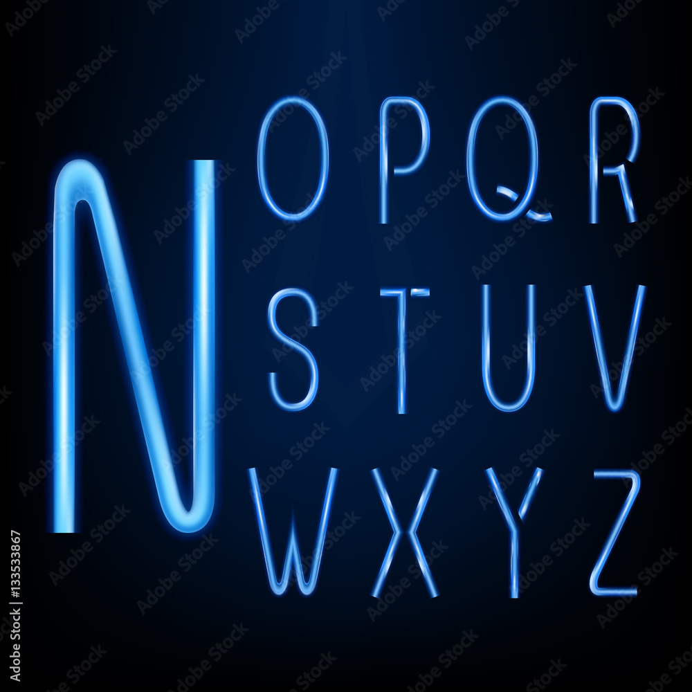 Poster neon alphabet. the english capital letters to create a grid. isolated objects. glow elements and col