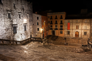 Cathedral Steps and Square at Night in Girona, Catalonia, Spain
