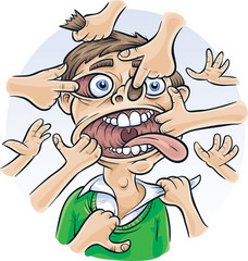 Obraz premium A cartoon man whose face is being stretching and pulled by a bunch of people's hands.