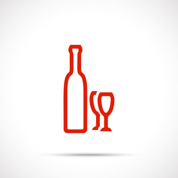 Bottle of alcohol with glasses icon. Line art