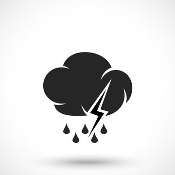 Weather icon. Cloud with lightning and rain drops isolated on white background. Cloud symbol. Lightning symbol. Rain symbol.