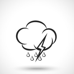 Weather icon. Cloud with lightning and rain drops isolated on white background. Cloud symbol. Lightning symbol. Rain symbol. Drop symbol.