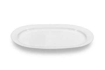 Flat white shallow porcelain oval plate with shoulders on white background from side