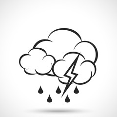 Weather icon. Cloud with lightning and rain drops isolated on white background. Cloud symbol. Lightning symbol. Rain symbol. Drop symbol.