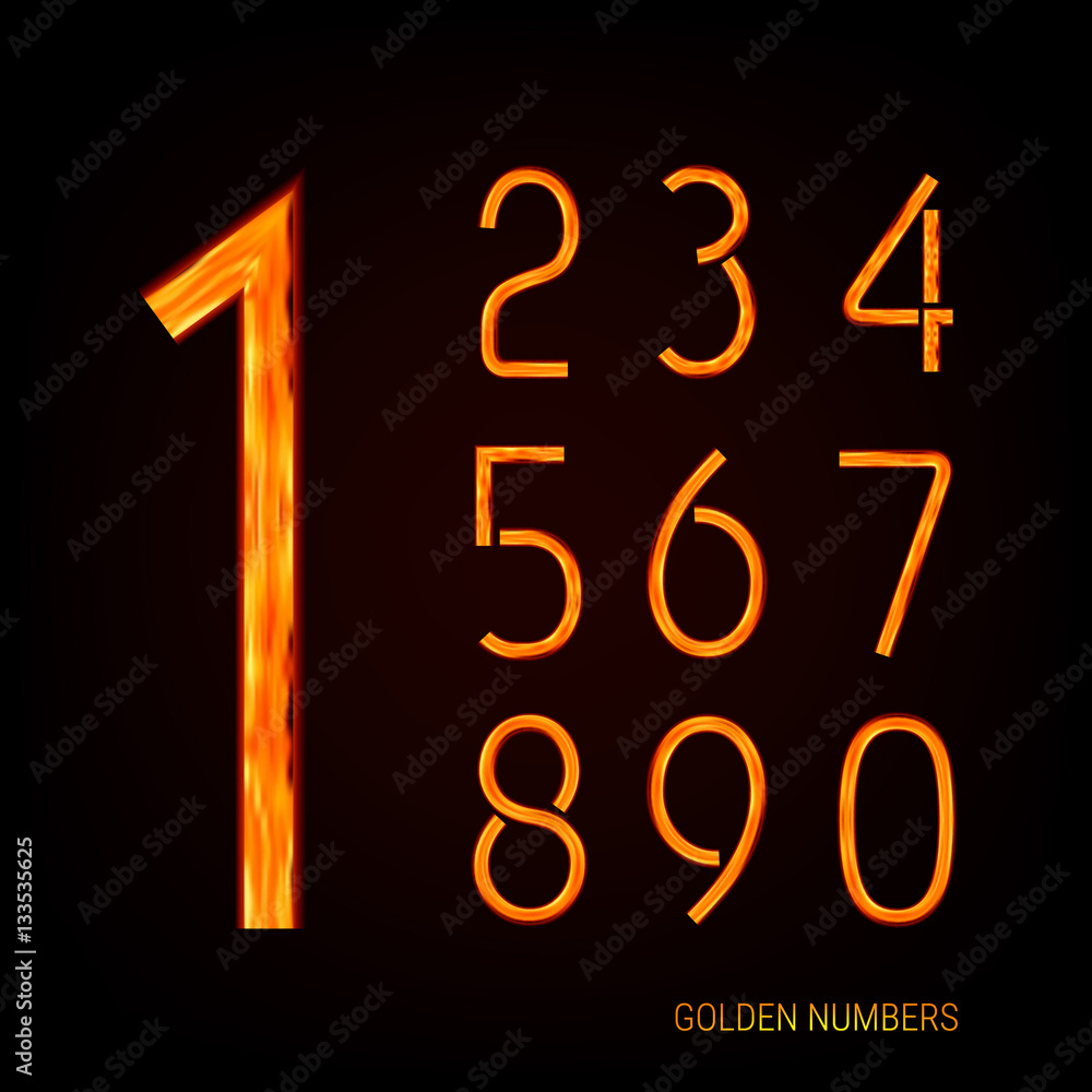 Poster golden vector numbers. elegant yellow figure on a dark background. isolated objects. glow elements a