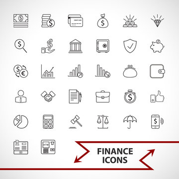 Money, finance, payments icons set. Line art style,