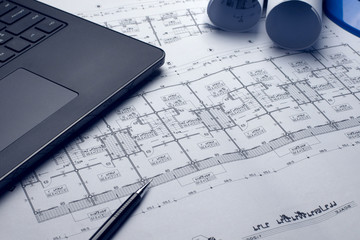 architectural plans project drawing with blueprints rolls