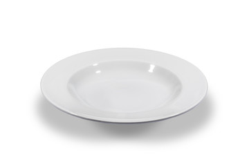 Soup deep white round plate with wide shoulders on white background from side