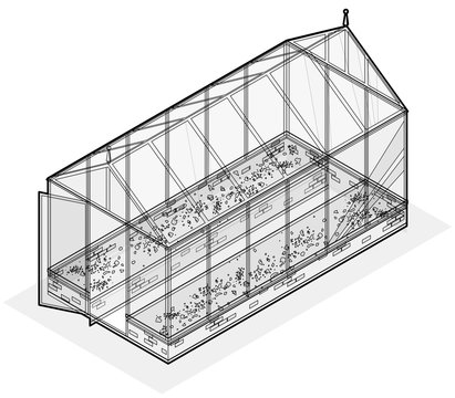 Outlined isometric greenhouse with glass walls, foundations, gable roof and garden bed. Vector Horticultural Conservatory for growing vegetables and flowers. Classic cultivate greenhouse gardening.