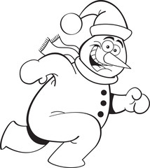 Black and white illustration of a snowman running.
