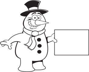 Black and white illustration of a snowman holding a sign.