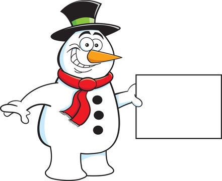 Cartoon illustration of a snowman holding a sign.