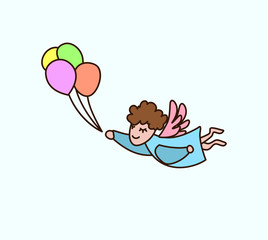 Vector flying cartoon angel with balloons in hand. Card for celebraion