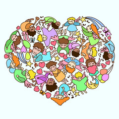 Vector heart of cartoon little angel with heart, note, balloon.