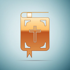 Gold Bible icon on blue background. Vector Illustration