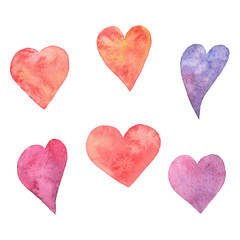 Watercolor set of hearts. Six elements for romantic design