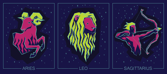 Zodiac Fire Signs. Aries, Leo, Sagittarius.
