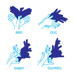 Shadow Hand Puppet Set. Bird, Dog, Rabbit, Squirrel.