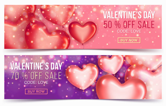 Two Sale header or banner with discount offer for Happy Valentine's Day celebration. Balloons in the shape of heart. Vector illustration