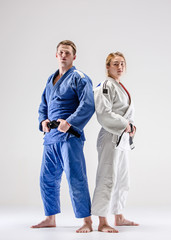 The two judokas fighters posing on gray