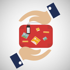 luggage insurance, suitcase icon and hands illustration over deg