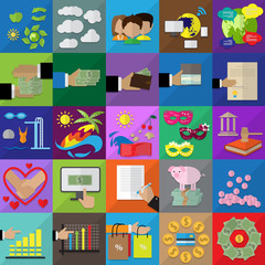 Flat Icons Set On Background.Vector Illustration,Graphic Design.Collection Of Cash,Pay,Bill And Finance Dollar Symbols.For Web Site,Print,Templates,App,Mobile Applications And Promotional Materials  