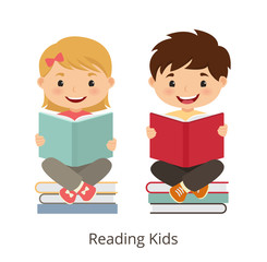 Small kids holding open books and reading