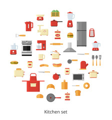 Kitchen appliances and utensils, electrical equipment and tools in circle shape isolated on white background