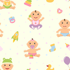 Seamless pattern with cute baby and toys