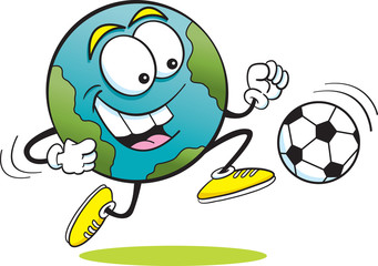 Cartoon illustration of the earth playing soccer.