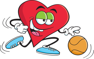 Cartoon illustration of a heart playing basketball.