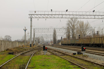 Red semaphore signal on the railway