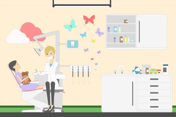 Children dental office interior with a girl and a female doctor. Bright and funny interior with toys. Healthcare for children.