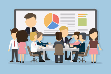 Business conference concept with people communicating and discussing. Big interactive board with video consulting and analytics.