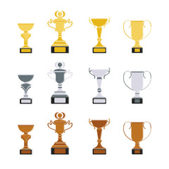 Different cups set on white background. Golden, silver and bronze trophies.