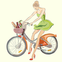 Fashion girl on the bike, hand drawn vector illustration - 133542220