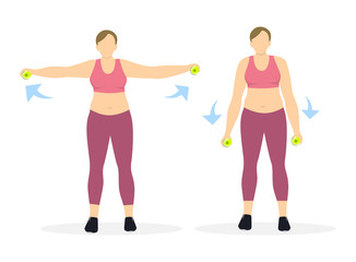 Back exercise for fat women on white background. Hands rising.