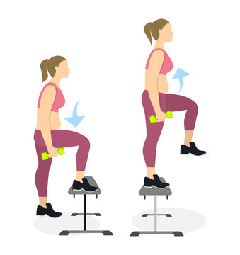 Stepup exercise for legs on white background. Healthy lifestyle. Workout for legs. Exercises for fat women. Obesity.
