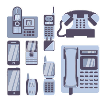 Retro phones set on white background