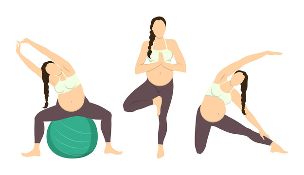 Workout for pregnant set. Exercises with fit ball. Yoga training. Healthcare for young mothers.