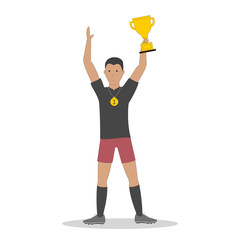 Isolated football player with golden cup on white background. Soccer player. Man in uniform. Winner.