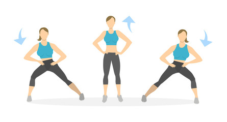 Fototapeta na wymiar Lunges exercise for legs on white background. Healthy lifestyle. Workout for legs. Exercises for women. SIde lunges.