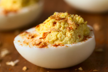 Deviled egg with roasted panko breadcrumbs and paprika powder, photographed with natural light...