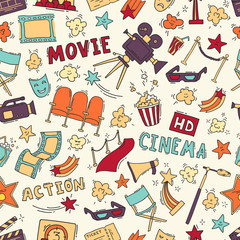 Cinema seamless pattern with hand drawn elements