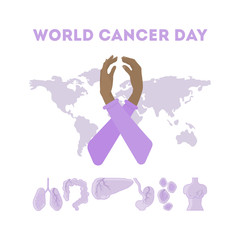 World cancer day. Hands holding and making World cancer day symbol on the world map background. Concept of global issues.