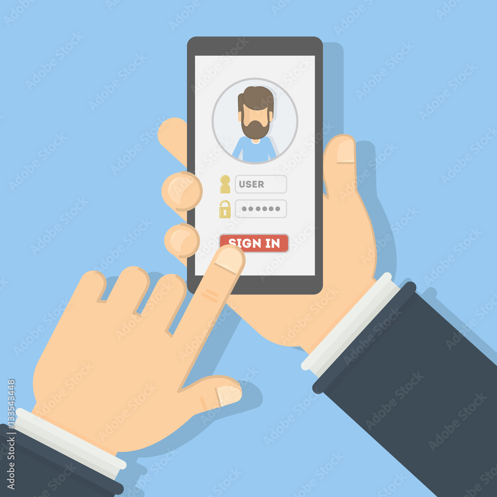Poster sign in authorization. hands hold smartphone and log in to the account. application or website user.