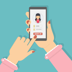 Sign in authorization. Hands hold smartphone and log in to the account. Application or website user. Woman icon.