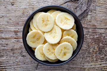 Bowl of sliced banana from above