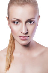Fototapeta premium Beauty. Blonde woman with ponytail. Fresh clean skin, neutral ma