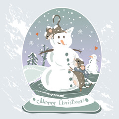 Cute mouse make a snowman. Merry Christmas greetings card